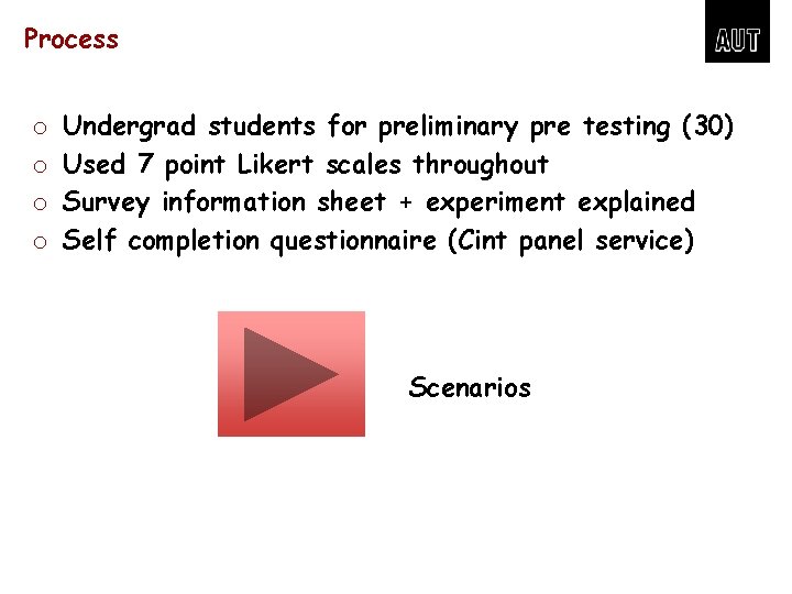 Process o o Undergrad students for preliminary pre testing (30) Used 7 point Likert