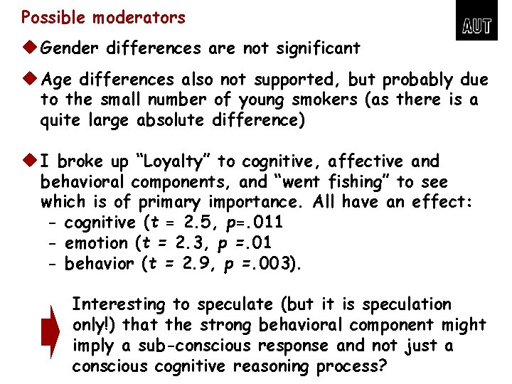 Possible moderators u Gender differences are not significant u Age differences also not supported,