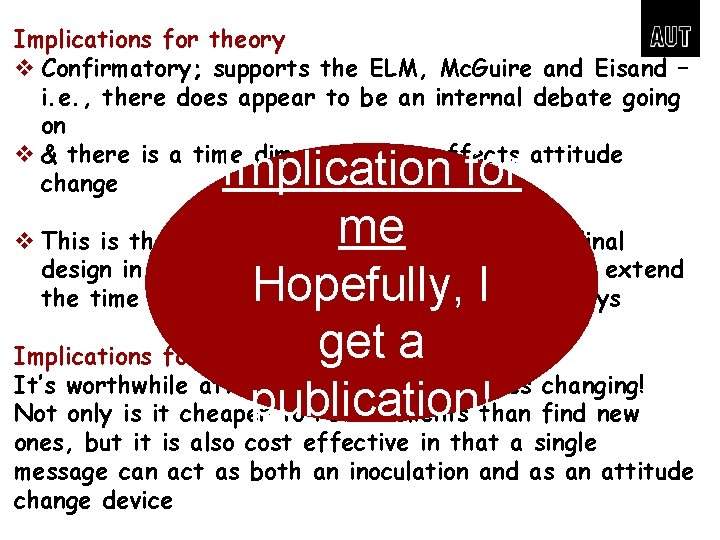 Implications for theory v Confirmatory; supports the ELM, Mc. Guire and Eisand – i.