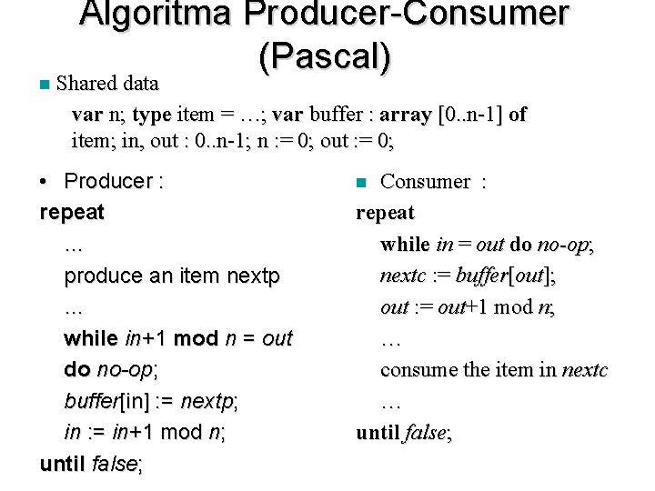 n Algoritma Producer-Consumer (Pascal) Shared data var n; type item = …; var buffer
