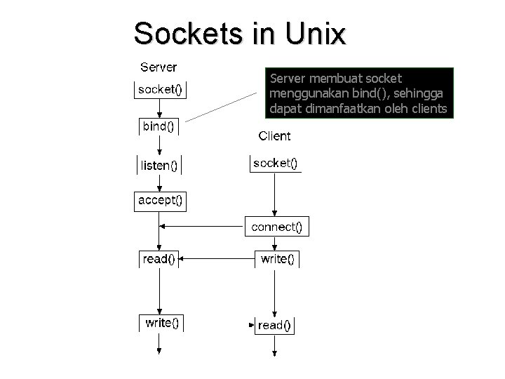 Sockets in Unix Server membuat socket menggunakan bind(), sehingga dapat dimanfaatkan oleh clients 