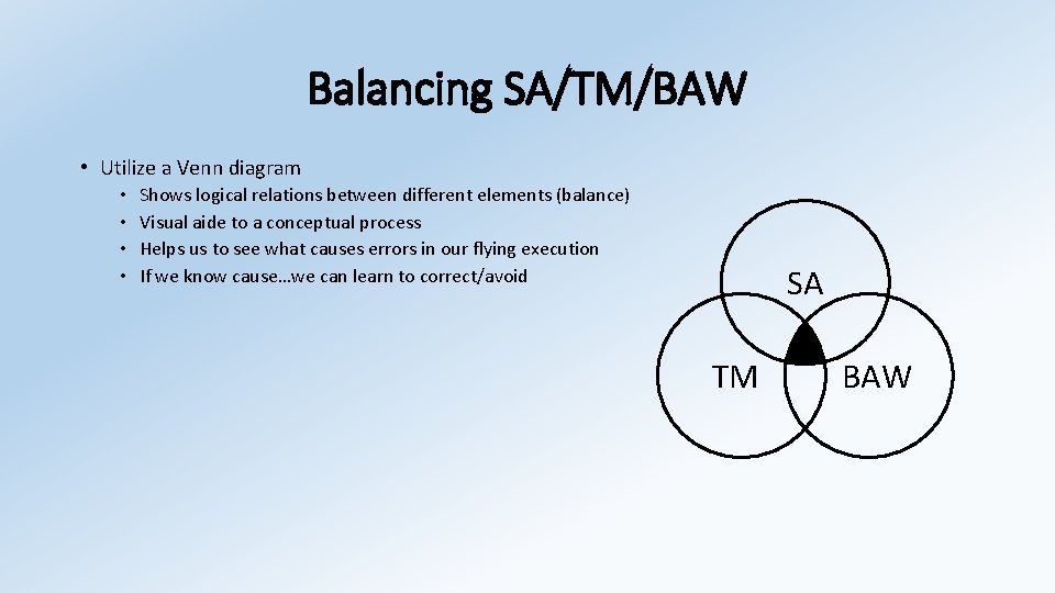 Balancing SA/TM/BAW • Utilize a Venn diagram • • Shows logical relations between different