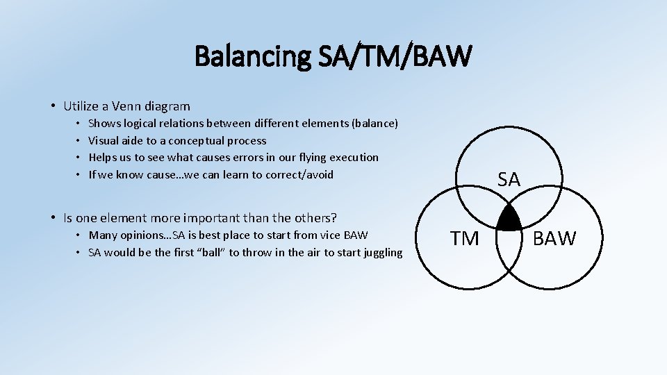 Balancing SA/TM/BAW • Utilize a Venn diagram • • Shows logical relations between different