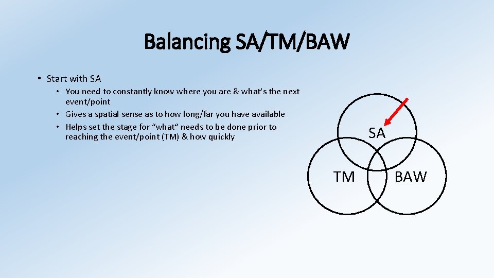 Balancing SA/TM/BAW • Start with SA • You need to constantly know where you