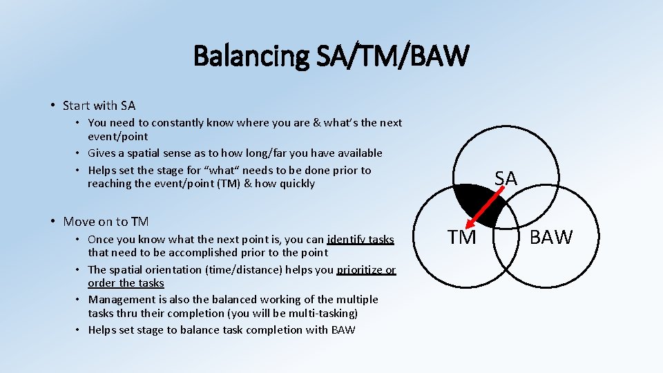 Balancing SA/TM/BAW • Start with SA • You need to constantly know where you