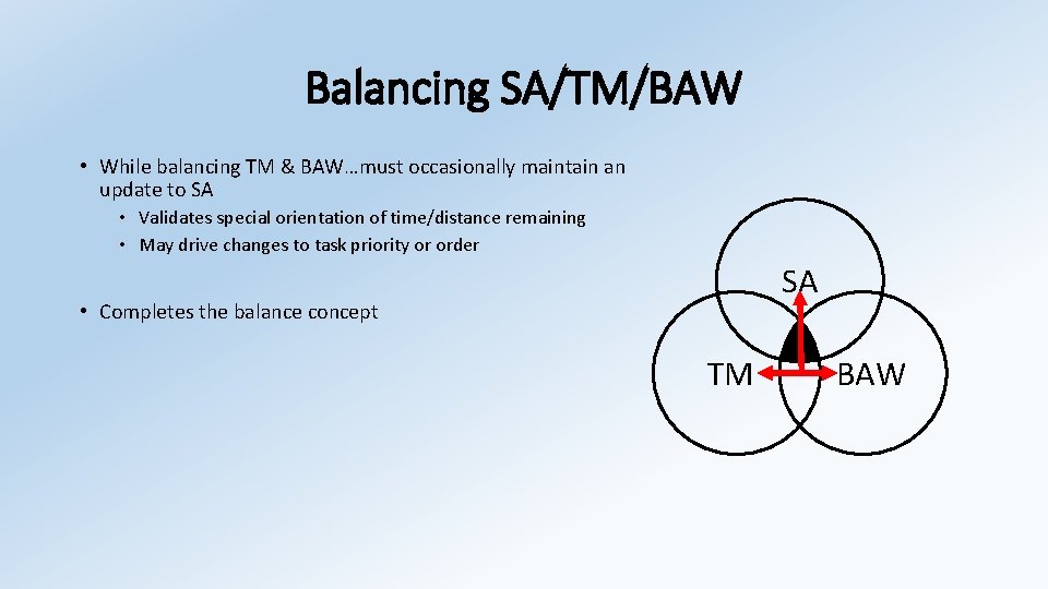 Balancing SA/TM/BAW • While balancing TM & BAW…must occasionally maintain an update to SA