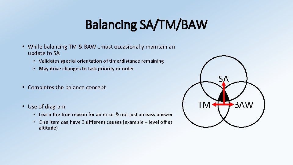 Balancing SA/TM/BAW • While balancing TM & BAW…must occasionally maintain an update to SA