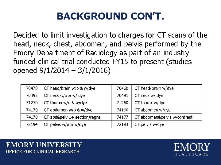 BACKGROUND CON’T. Decided to limit investigation to charges for CT scans of the head,