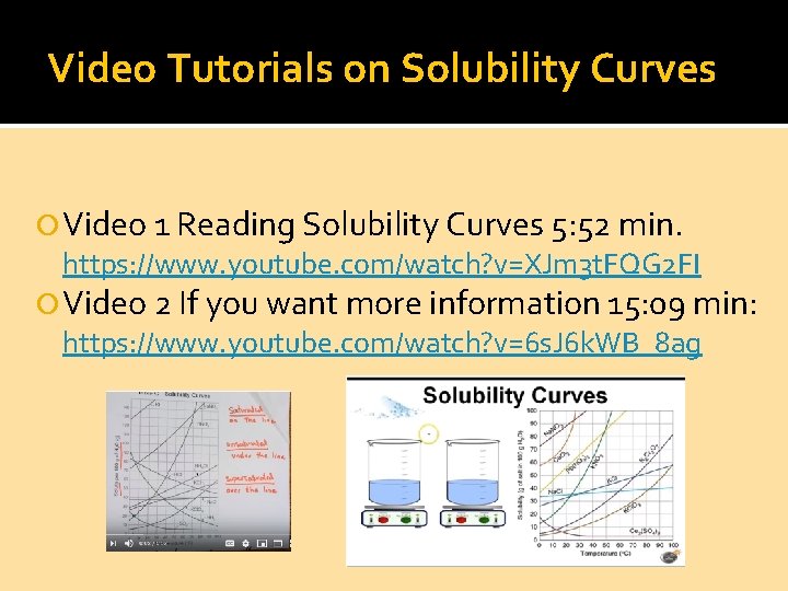 Video Tutorials on Solubility Curves Video 1 Reading Solubility Curves 5: 52 min. https: