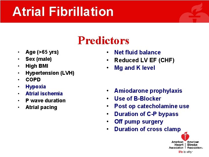 Atrial Fibrillation Predictors • • • Age (>65 yrs) Sex (male) High BMI Hypertension Atrial Fibrillation Predictors • • • Age (>65 yrs) Sex (male) High BMI Hypertension