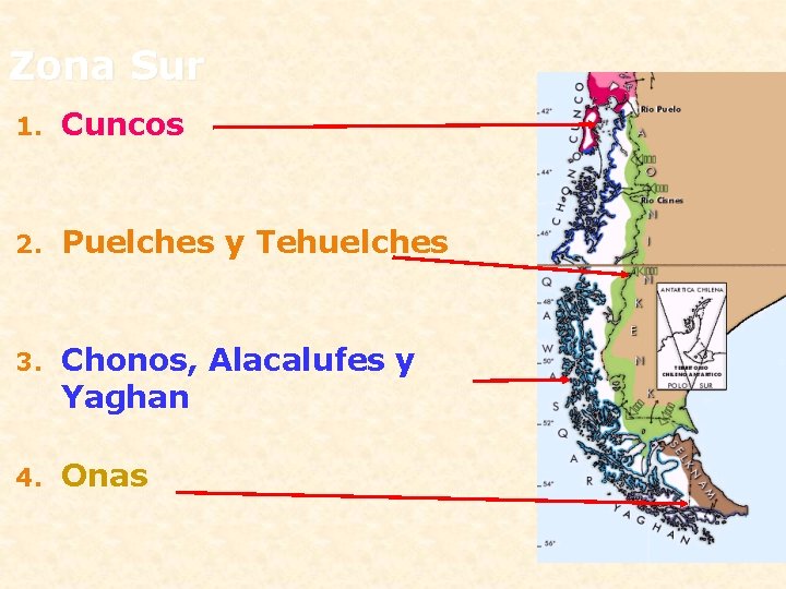 Zona Sur 1. Cuncos 2. Puelches y Tehuelches 3. Chonos, Alacalufes y Yaghan 4.