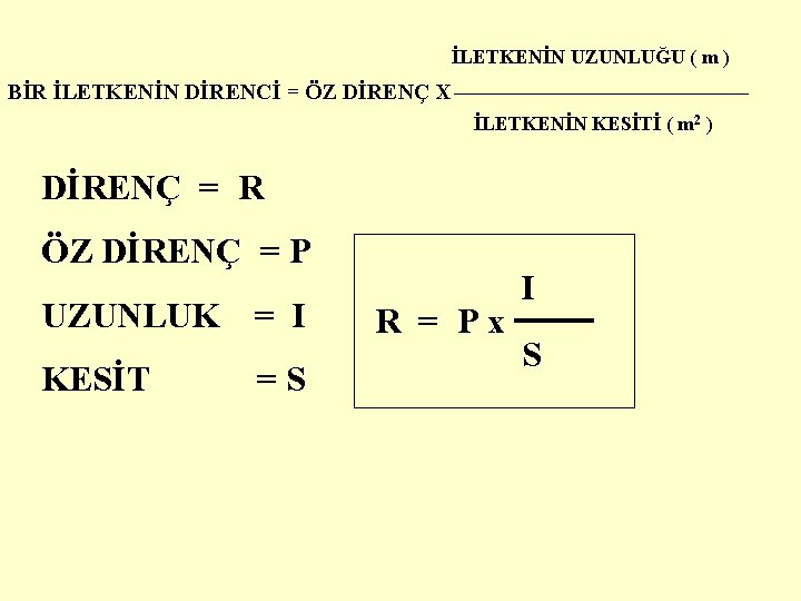 İLETKENİN UZUNLUĞU ( m ) BİR İLETKENİN DİRENCİ = ÖZ DİRENÇ X İLETKENİN KESİTİ