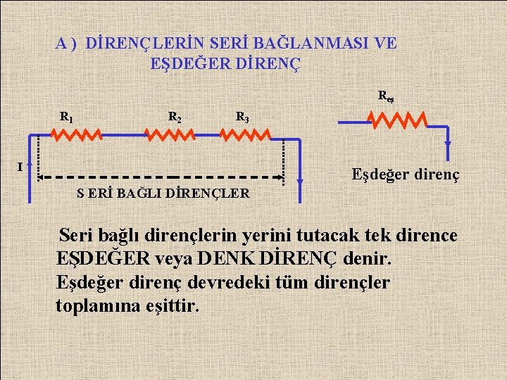 A ) DİRENÇLERİN SERİ BAĞLANMASI VE EŞDEĞER DİRENÇ Reş R 1 R 2 R