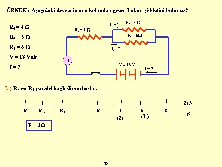 ÖRNEK : Aşağıdaki devrenin ana kolundan geçen I akım şiddetini bulunuz? R 1 =