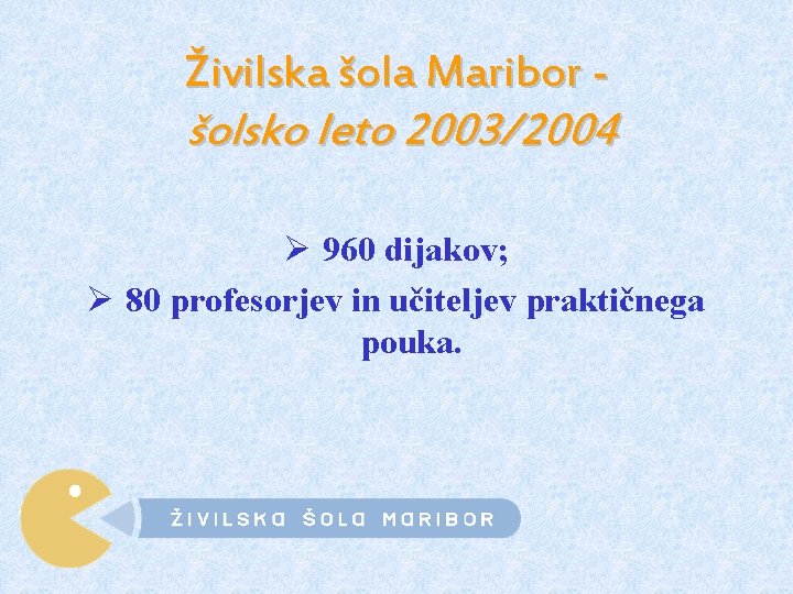 Živilska šola Maribor - šolsko leto 2003/2004 Ø 960 dijakov; Ø 80 profesorjev in