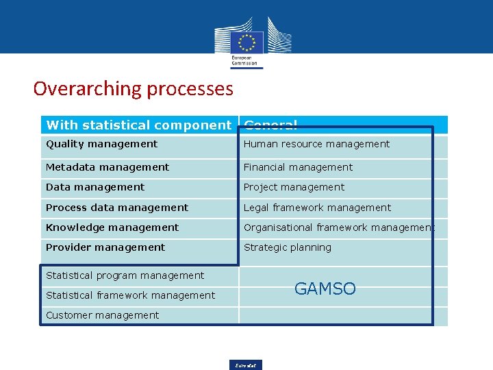 Overarching processes With statistical component General Quality management Human resource management Metadata management Financial Overarching processes With statistical component General Quality management Human resource management Metadata management Financial