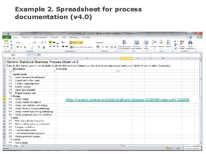 Example 2. Spreadsheet for process documentation (v 4. 0) http: //www 1. unece. org/stat/platform/display/GSBPM/Uses+of+GSBPM Example 2. Spreadsheet for process documentation (v 4. 0) http: //www 1. unece. org/stat/platform/display/GSBPM/Uses+of+GSBPM