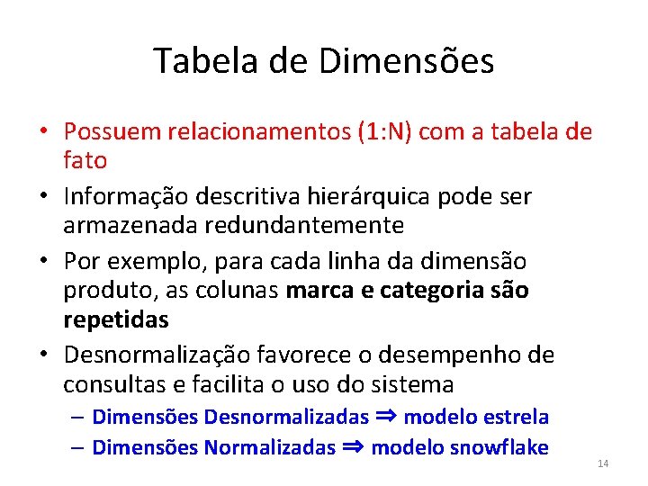 Tabela de Dimensões • Possuem relacionamentos (1: N) com a tabela de fato •