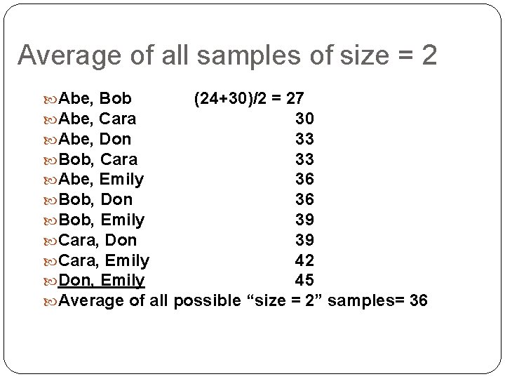 Average of all samples of size = 2 Abe, Bob (24+30)/2 = 27 Abe,