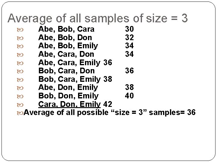 Average of all samples of size = 3 Abe, Bob, Cara 30 Abe, Bob, Average of all samples of size = 3 Abe, Bob, Cara 30 Abe, Bob,