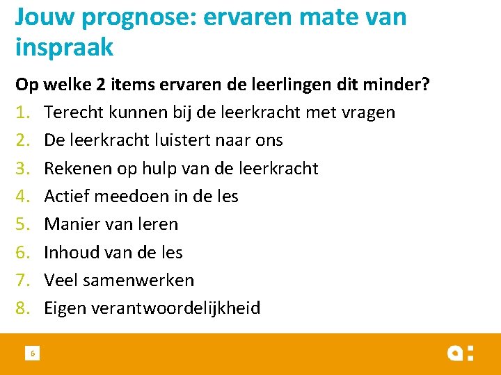 Jouw prognose: ervaren mate van inspraak Op welke 2 items ervaren de leerlingen dit