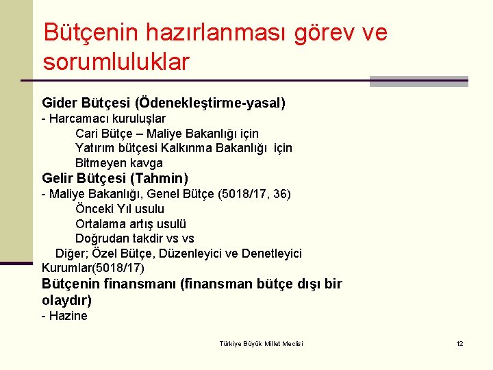 Bütçenin hazırlanması görev ve sorumluluklar Gider Bütçesi (Ödenekleştirme-yasal) - Harcamacı kuruluşlar Cari Bütçe –