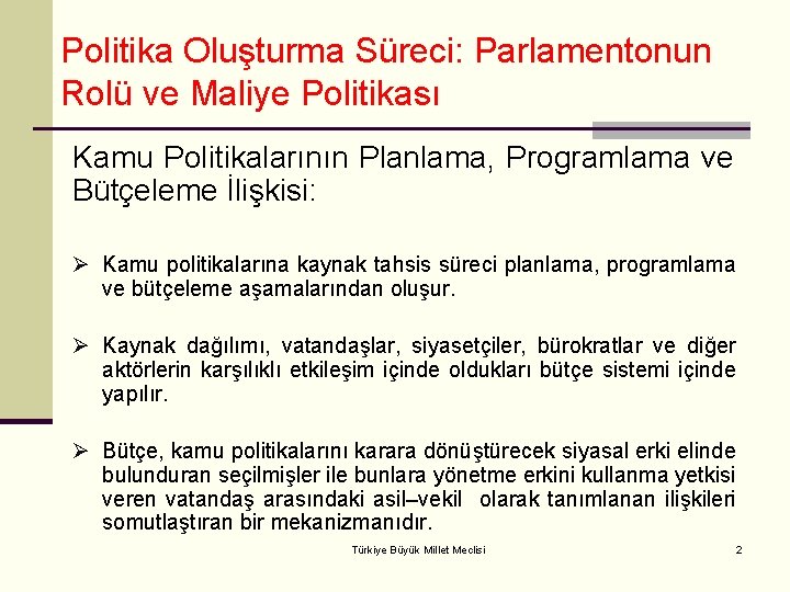 Politika Oluşturma Süreci: Parlamentonun Rolü ve Maliye Politikası Kamu Politikalarının Planlama, Programlama ve Bütçeleme