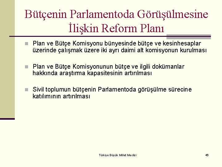 Bütçenin Parlamentoda Görüşülmesine İlişkin Reform Planı n Plan ve Bütçe Komisyonu bünyesinde bütçe ve