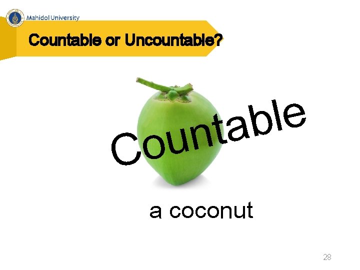 Countable or Uncountable? e l b a nt u o C a coconut 28