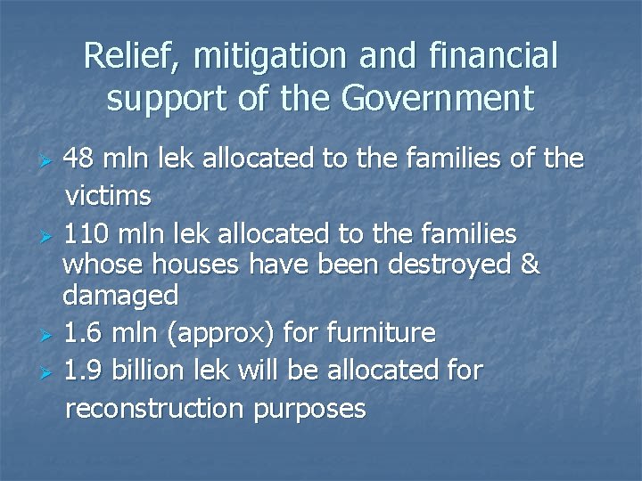 Relief, mitigation and financial support of the Government 48 mln lek allocated to the