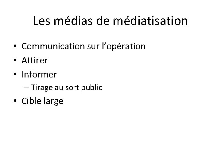 Les médias de médiatisation • Communication sur l’opération • Attirer • Informer – Tirage