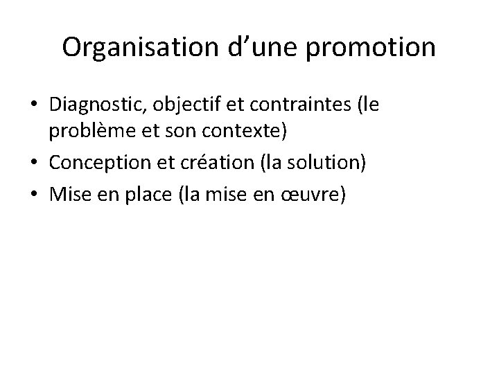 Organisation d’une promotion • Diagnostic, objectif et contraintes (le problème et son contexte) •