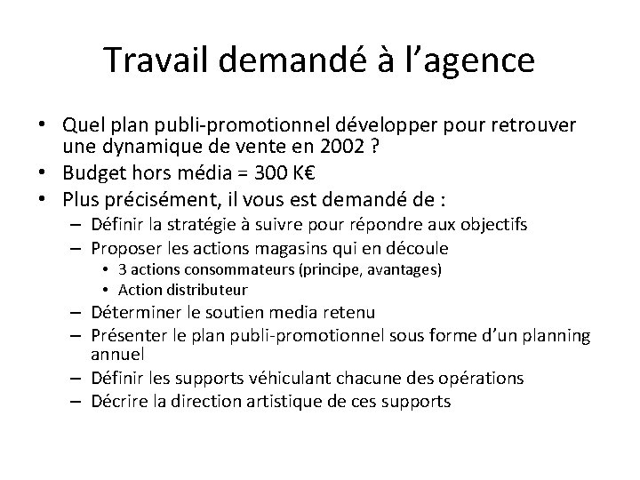 Travail demandé à l’agence • Quel plan publi-promotionnel développer pour retrouver une dynamique de