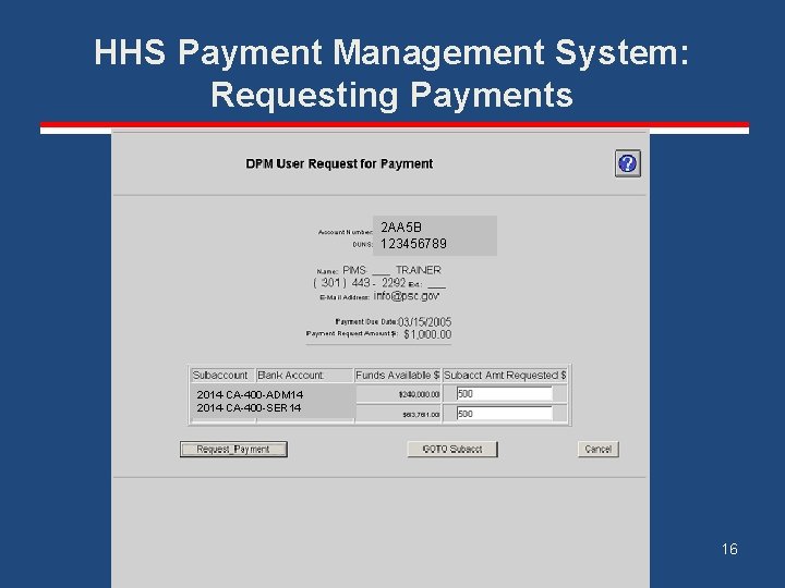HHS Payment Management System: Requesting Payments 2 AA 5 B 123456789 2014 -CA-400 -ADM