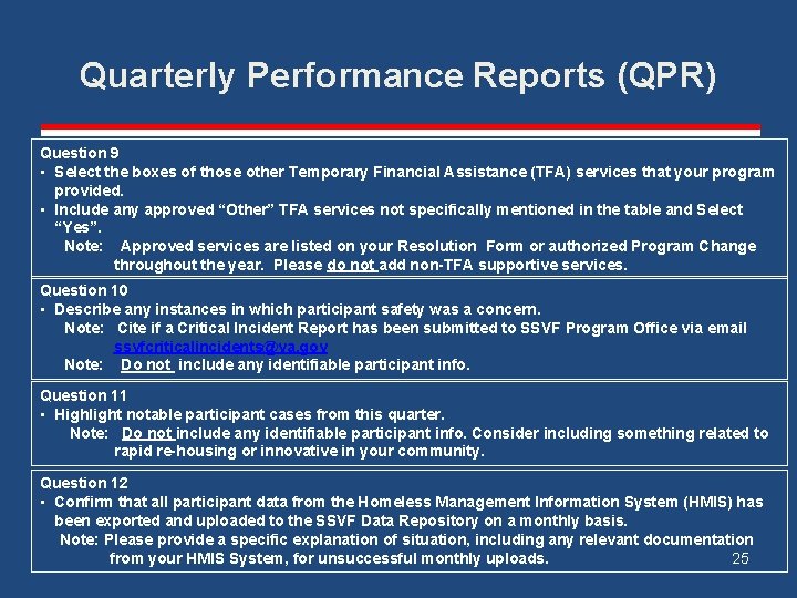 Quarterly Performance Reports (QPR) Question 9 • Select the boxes of those other Temporary