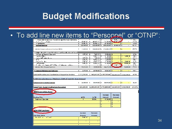 Budget Modifications • To add line new items to “Personnel” or “OTNP”: 34 