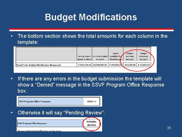 Budget Modifications • The bottom section shows the total amounts for each column in