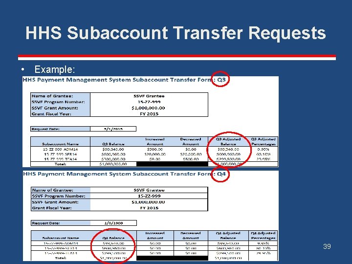 HHS Subaccount Transfer Requests • Example: 39 