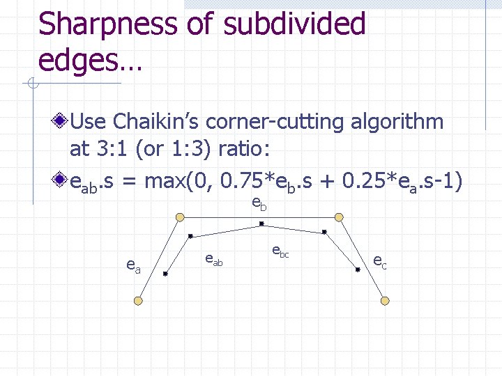 Sharpness of subdivided edges… Use Chaikin’s corner-cutting algorithm at 3: 1 (or 1: 3)