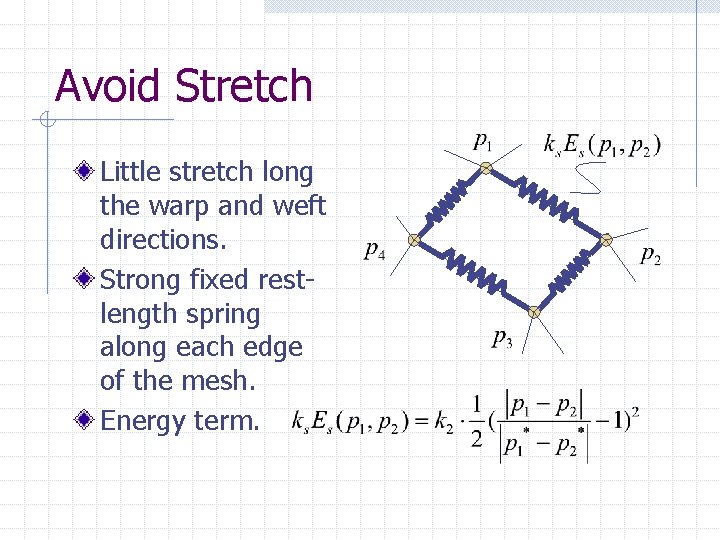 Avoid Stretch Little stretch long the warp and weft directions. Strong fixed restlength spring