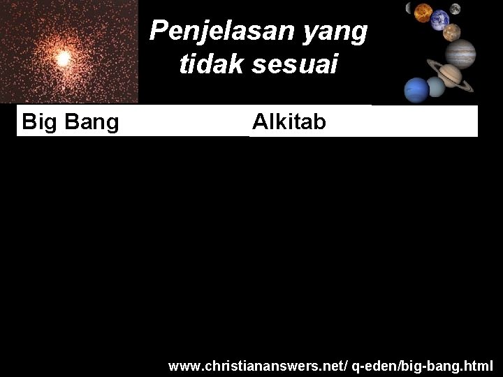 Penjelasan yang tidak sesuai Big Bang Alkitab Tanaman berevolusi Tanaman terbentuk setelah matahari sebelum
