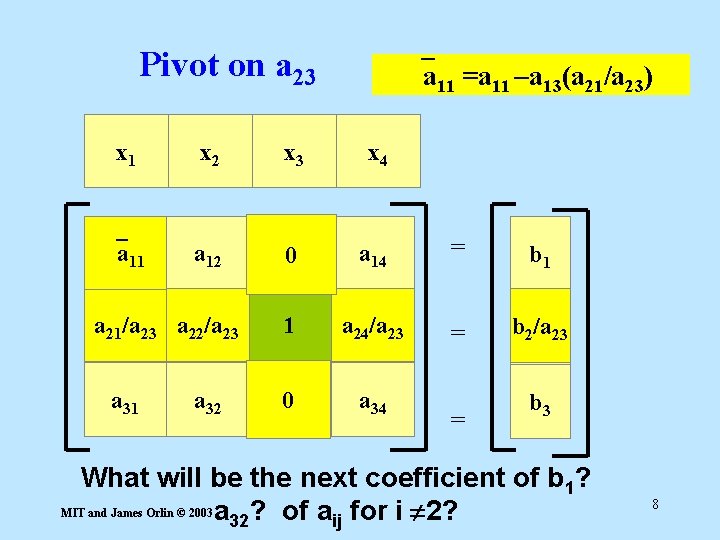 Pivot on a 23 a 11 =a 11 –a 13(a 21/a 23) x 1