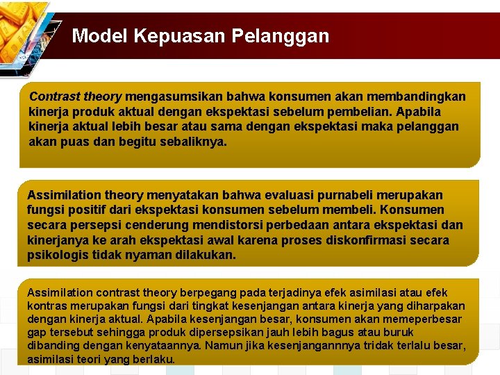 Model Kepuasan Pelanggan Contrast theory mengasumsikan bahwa konsumen akan membandingkan kinerja produk aktual dengan