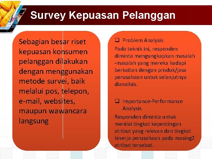Survey Kepuasan Pelanggan Sebagian besar riset kepuasan konsumen pelanggan dilakukan dengan menggunakan metode survei,