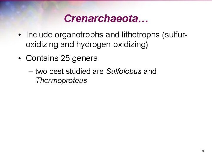 Crenarchaeota… • Include organotrophs and lithotrophs (sulfuroxidizing and hydrogen-oxidizing) • Contains 25 genera –