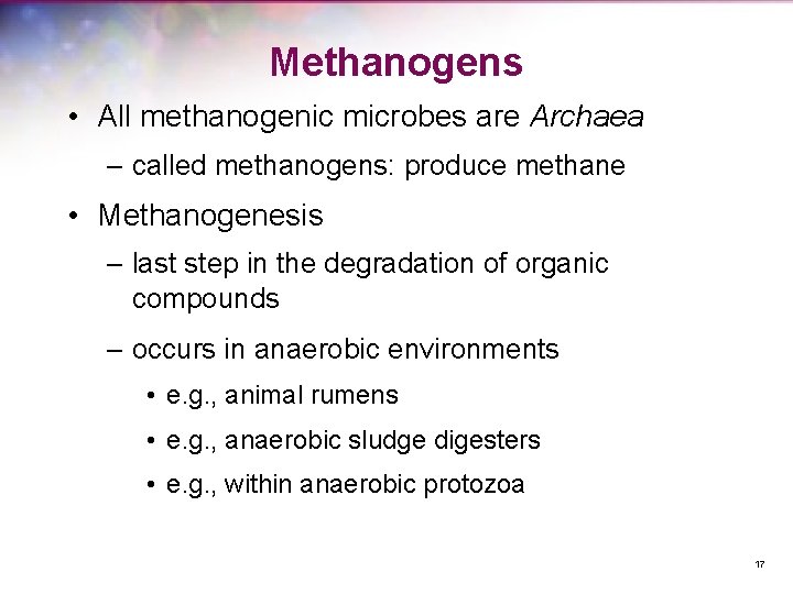 Methanogens • All methanogenic microbes are Archaea – called methanogens: produce methane • Methanogenesis