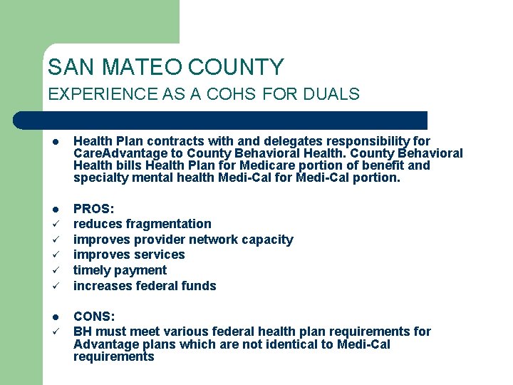 SAN MATEO COUNTY EXPERIENCE AS A COHS FOR DUALS l Health Plan contracts with