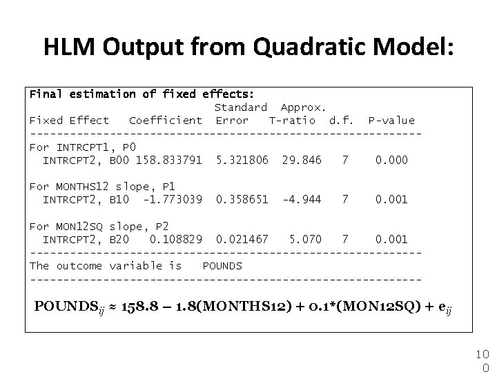 HLM Output from Quadratic Model: Final estimation of fixed effects: Standard Approx. Fixed Effect