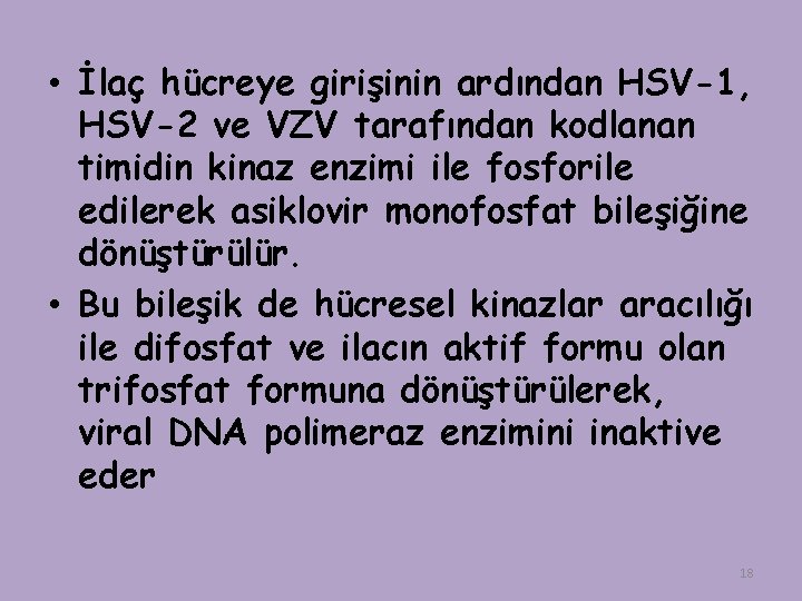  • İlaç hücreye girişinin ardından HSV-1, HSV-2 ve VZV tarafından kodlanan timidin kinaz
