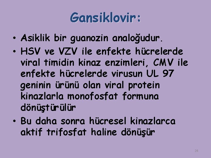 Gansiklovir: • Asiklik bir guanozin analoğudur. • HSV ve VZV ile enfekte hücrelerde viral